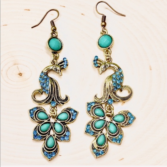 Peacock Earrings Blue And Bronze - Picture 3 of 6